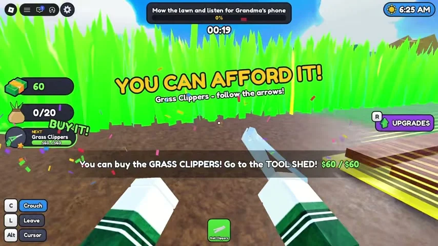 Tutorial affordability prompt and route arrows toward the tool shed